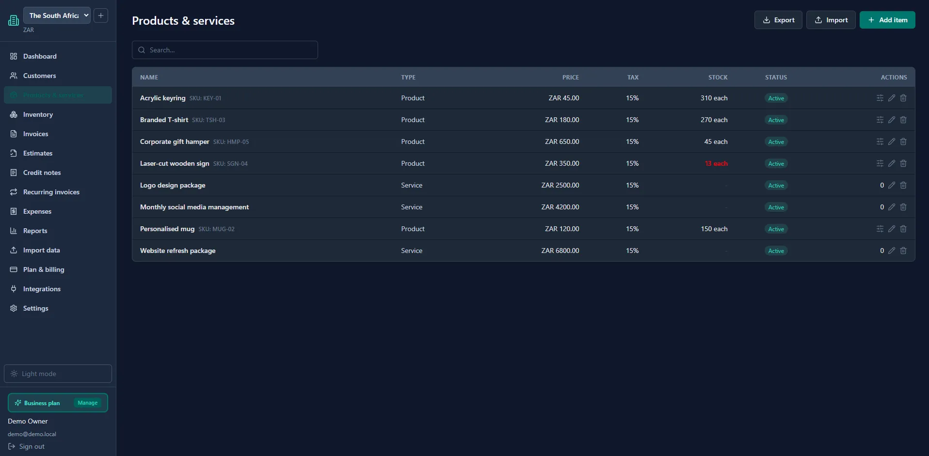 Products and Services screen